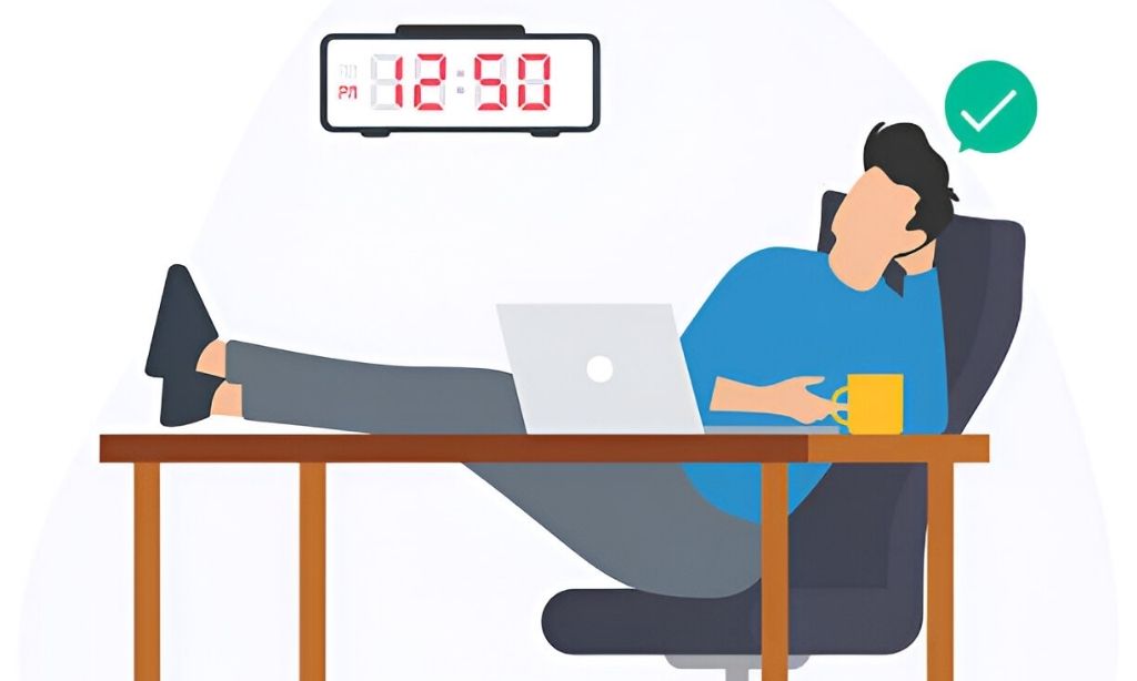 Why Should Freelancers Follow A Fixed Sleep Schedule For Better Performance Freelancer relaxing in a home office, feet up on the desk, enjoying a peaceful moment with a mug after completing work, with a digital clock showing 12:50 and a green check mark symbolizing task completion. Emphasizes the importance of relaxation and work-life balance after following a fixed sleep schedule.