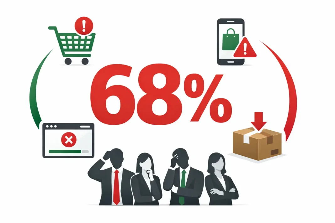 68 percent of Bangladesh e-commerce businesses failed between 2023 and 2025 shown in red statistics with shopping cart and mobile phone icons
