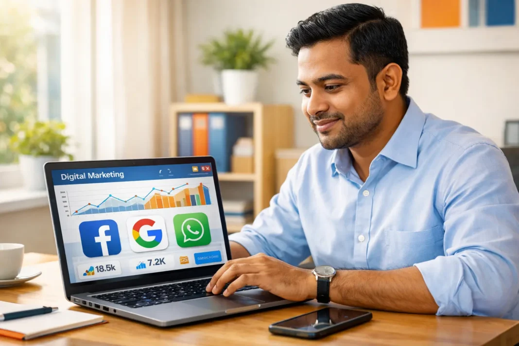 Small business owner in Bangladesh using digital marketing on laptop and smartphone