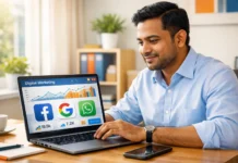 Digital Marketing for Small Businesses in Bangladesh: A Beginner’s Guide for 2026 Small business owner in Bangladesh using digital marketing on laptop and smartphone