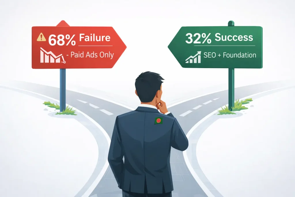 Professional at crossroads choosing between 68% failure with paid ads only versus 32% success with SEO foundation for Bangladesh e-commerce