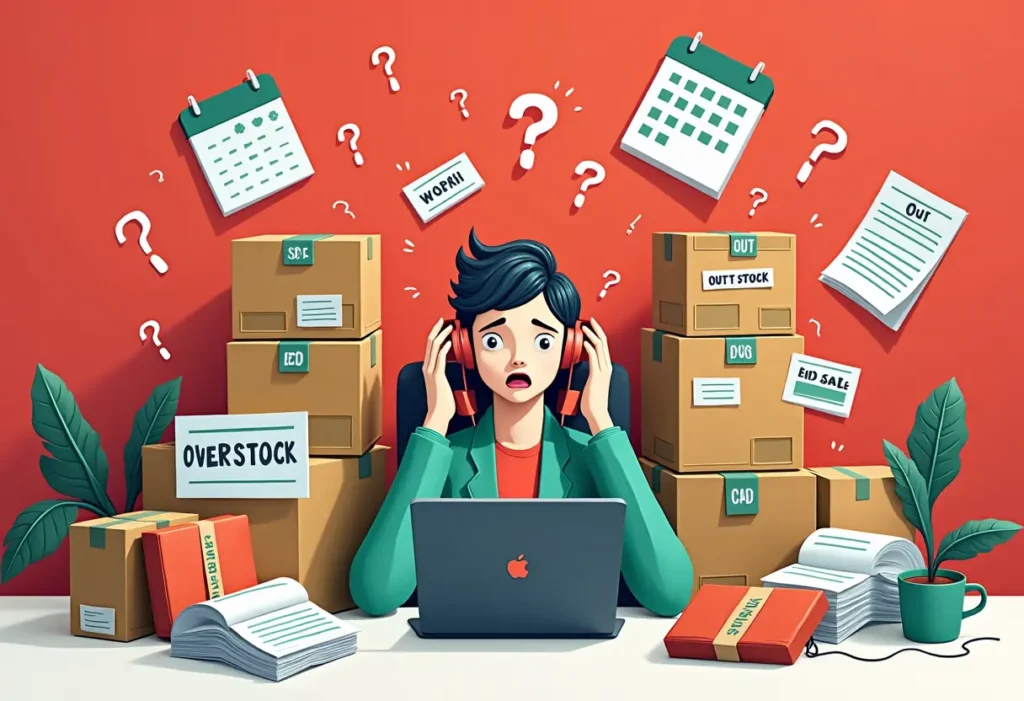 Stressed e-commerce seller surrounded by overstock and out-of-stock inventory chaos with proper inventory management system as solution