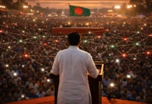 Online Reputation Management for Bangladeshi Politicians: Building Credibility in the Digital Age Bangladeshi political leader addressing digitally connected crowd of voters