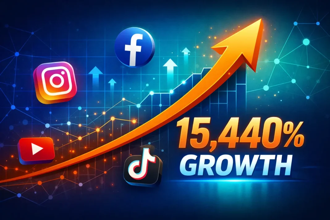 SMMSun SMM Panel SEO Case Study - 15,440% Growth Featured Image SMMSun SMM panel SEO case study showing 15,440% organic traffic growth from 50 to 7,770 monthly clicks with upward trending graph and social media icons