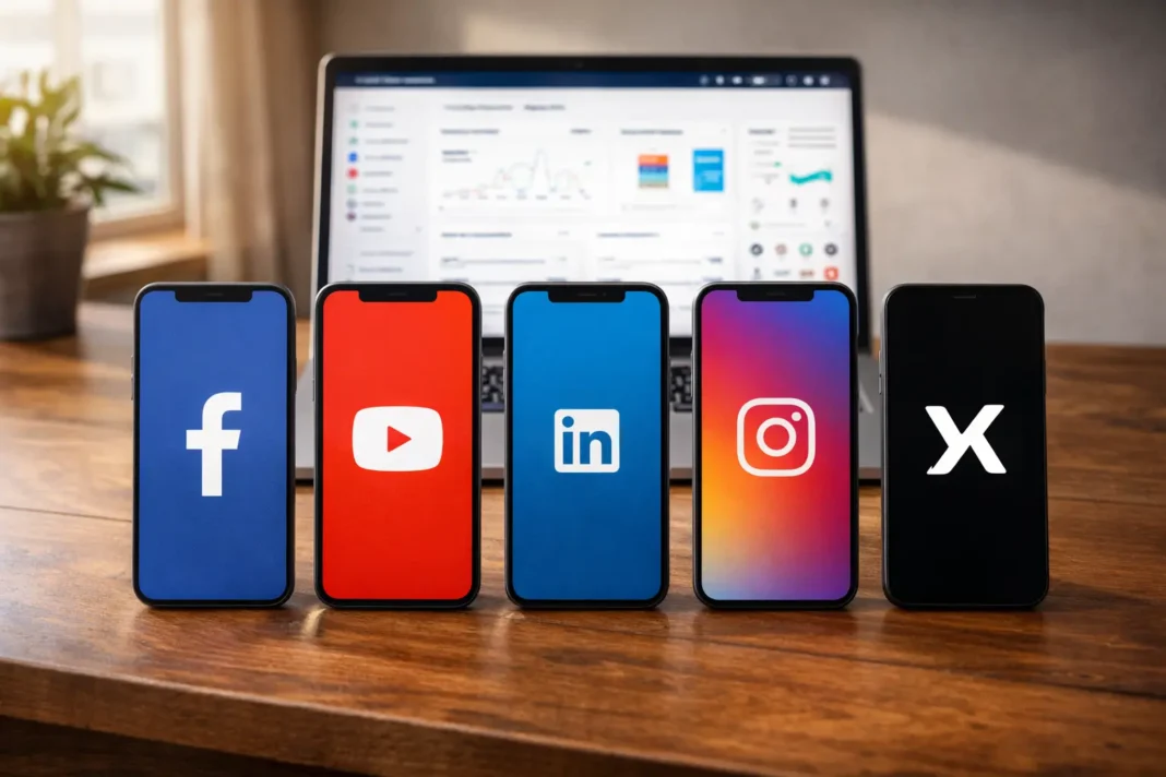 Social media account setup guide showing Facebook YouTube LinkedIn Instagram platforms for Bangladesh politicians
