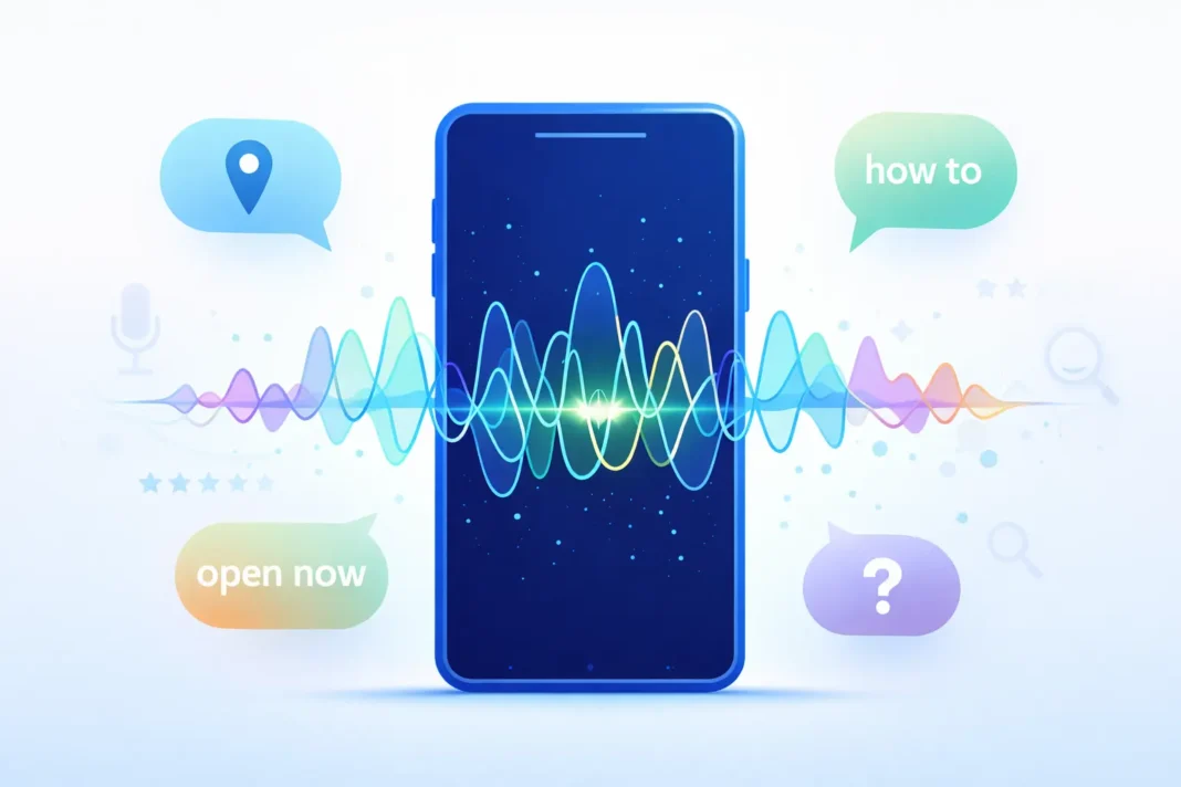 Voice search SEO concept showing smartphone with sound waves and voice assistant activation for Bangladesh businesses Voice search SEO concept showing smartphone with sound waves and voice assistant activation for Bangladesh businesses