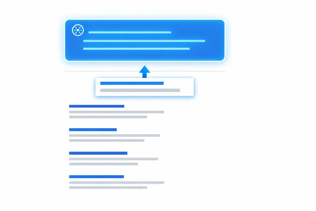 Diagram showing a website being featured in a Google AI Overview above organic search results Diagram showing a website being featured in a Google AI Overview above organic search results