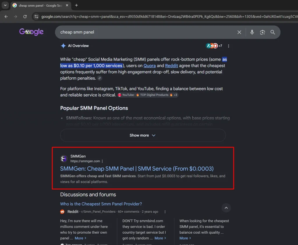 SMMGen ranking on the first page of Google USA for the keyword cheap SMM panel