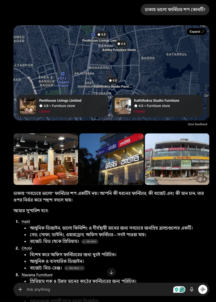 ChatGPT search for, Which is the best furniture shop in Dhaka?