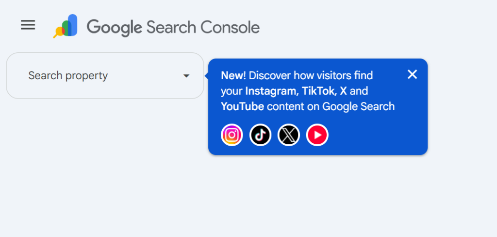 Google Search Console platform properties for Instagram, TikTok, X, and YouTube